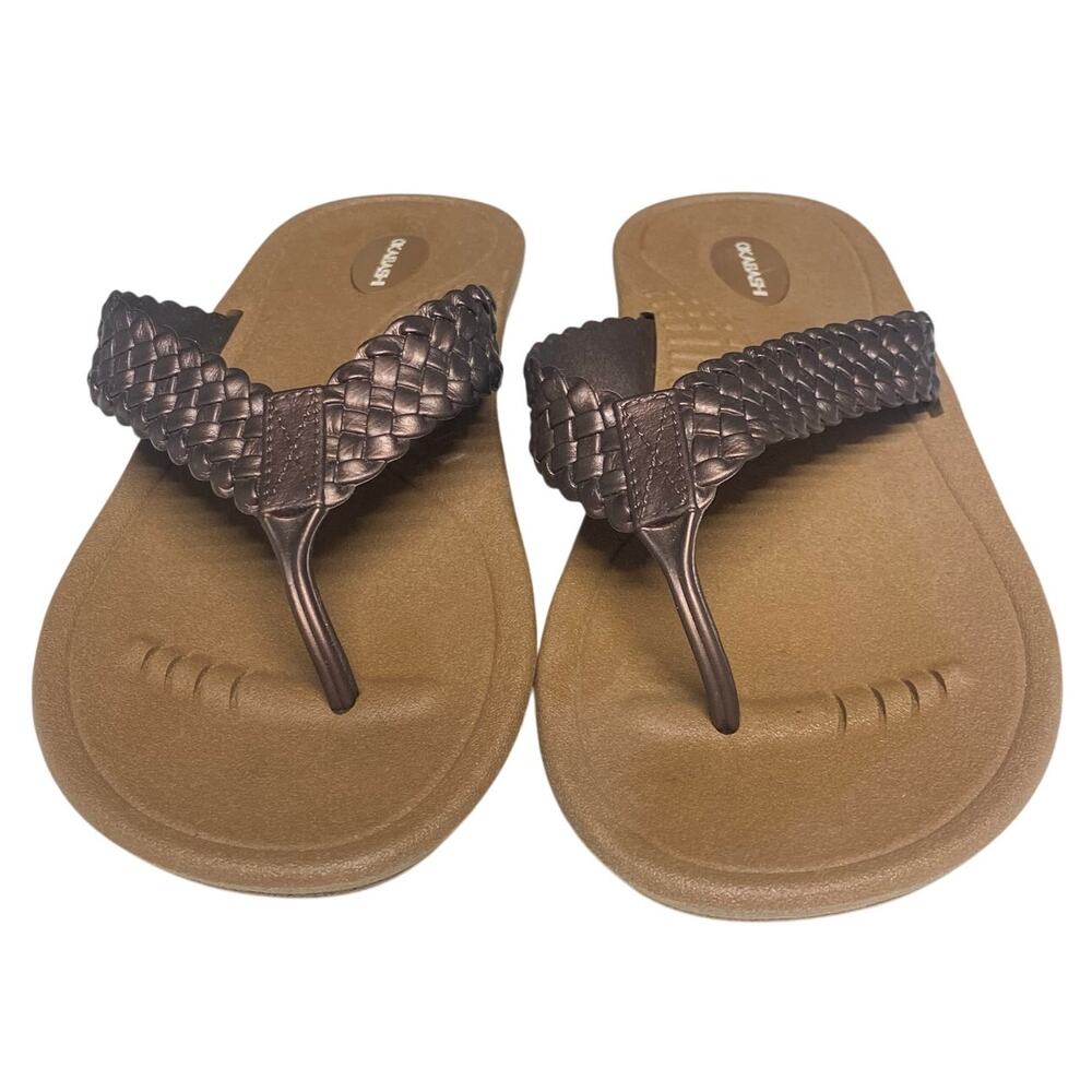 OKABASHI "Baha" Women's Faux Braided Strap, Flip Flops, Size L, Metallic Bronze